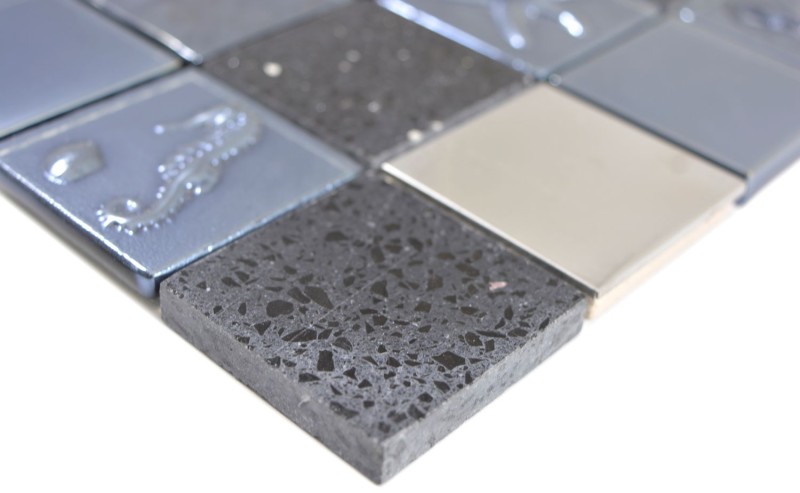 Cuadrado cristal/artificial/acero mezcla relieve negro mosaico azulejo pared azulejo backsplash cocina baño