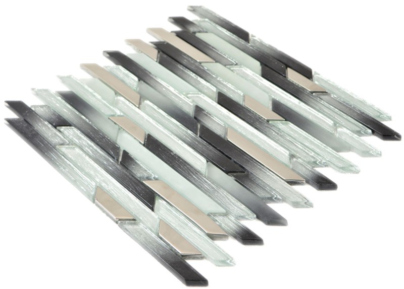 Barras de mosaico de vidrio plata metal negro biselado pared azulejo backsplash cocina BAD MOS86-0203_f