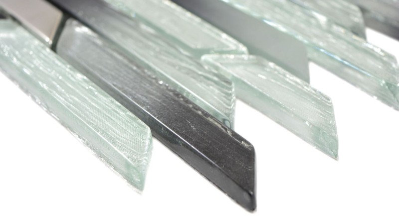 Barras de mosaico de vidrio plata metal negro biselado pared azulejo backsplash cocina BAD MOS86-0203_f