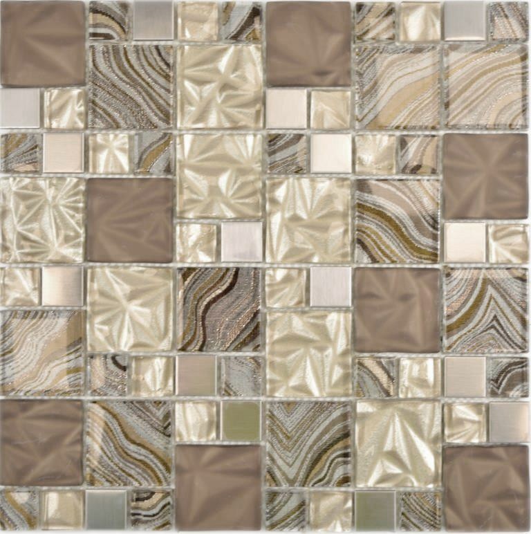 Mosaico de vidrio combinación acero mezcla beige marrón mosaico azulejo pared azulejo backsplash cocina baño MOS88-1207_f