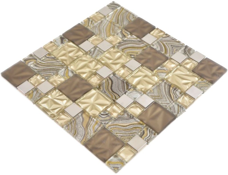 Mosaico de vidrio combinación acero mezcla beige marrón mosaico azulejo pared azulejo backsplash cocina baño MOS88-1207_f