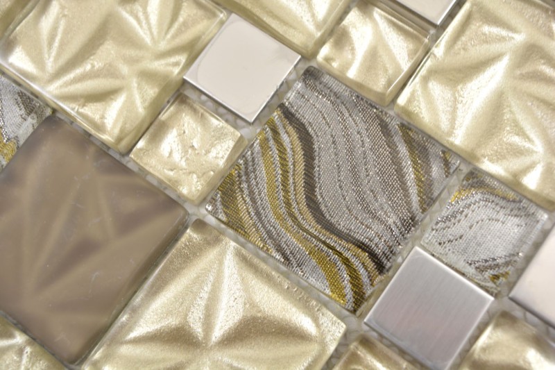 Mosaico de vidrio combinación acero mezcla beige marrón mosaico azulejo pared azulejo backsplash cocina baño MOS88-1207_f