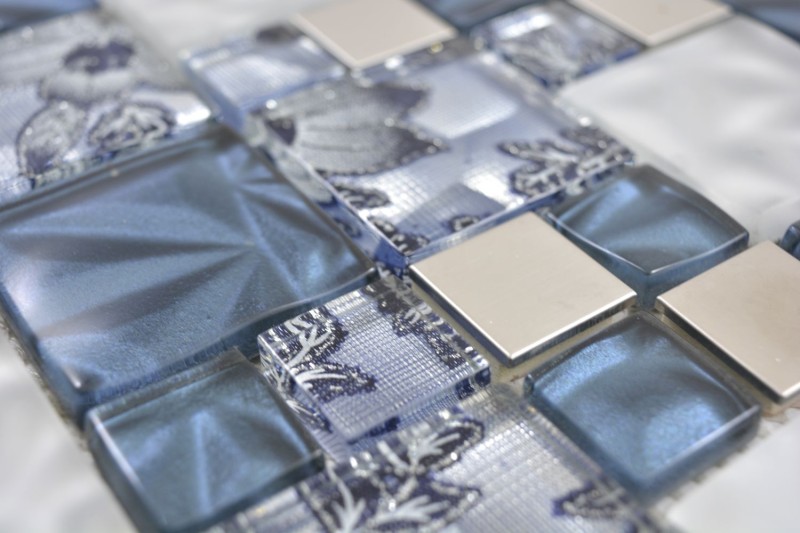 Mosaico de vidrio combinación acero gris azul mosaico azulejo pared azulejo backsplash cocina baño MOS88-0402_f