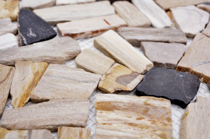 Fósil piedra natural mosaico fractura poligonal mosaico estera madera aspecto madera plato de ducha cocina pared MOS44-Fossil_f