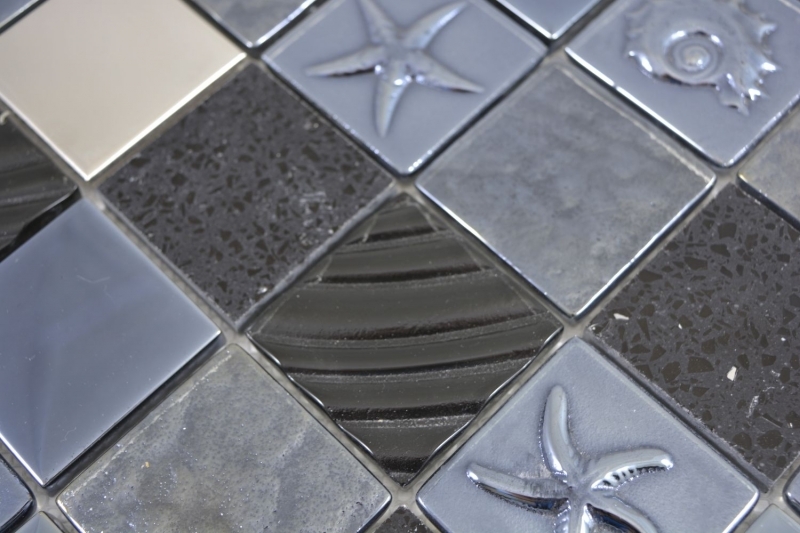 Muestra de mano cuadrado cristal/artificial/acero mezcla relieve negro mosaico azulejo pared azulejo backsplash cocina baño MOS88-2717_m