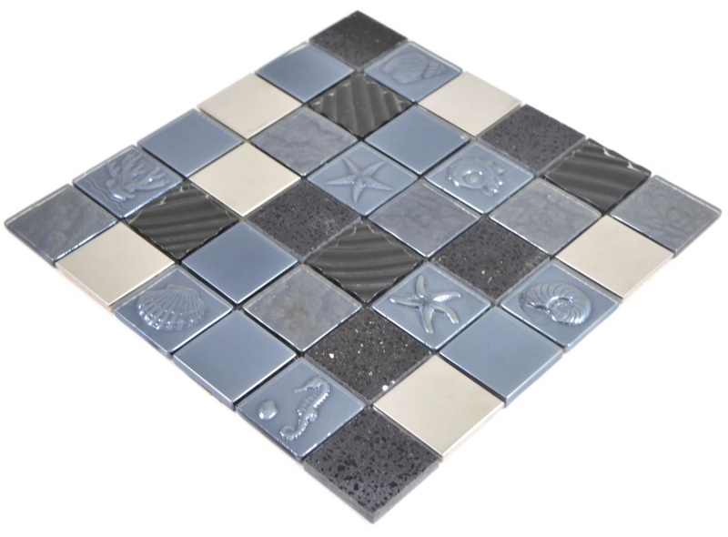 Muestra de mano cuadrado cristal/artificial/acero mezcla relieve negro mosaico azulejo pared azulejo backsplash cocina baño MOS88-2717_m