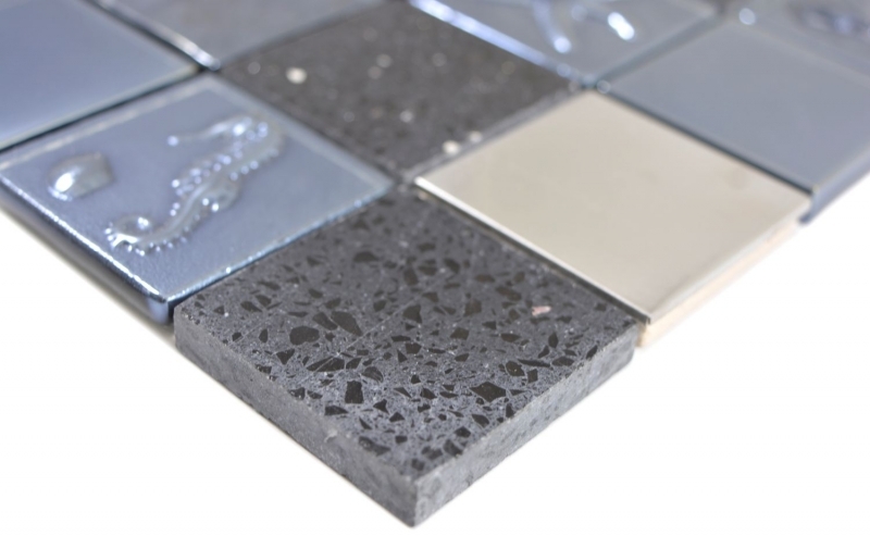 Muestra de mano cuadrado cristal/artificial/acero mezcla relieve negro mosaico azulejo pared azulejo backsplash cocina baño MOS88-2717_m