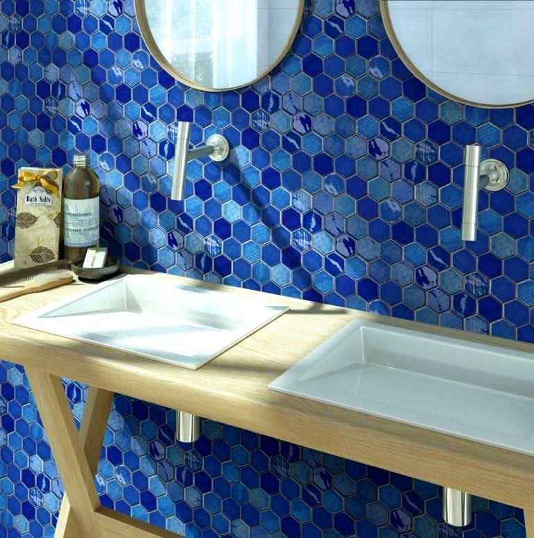 Muestra de mano mosaico azulejo cerámica mosaico hexagonal azul brillante cocina pared baño MOS11K-SAN7_m