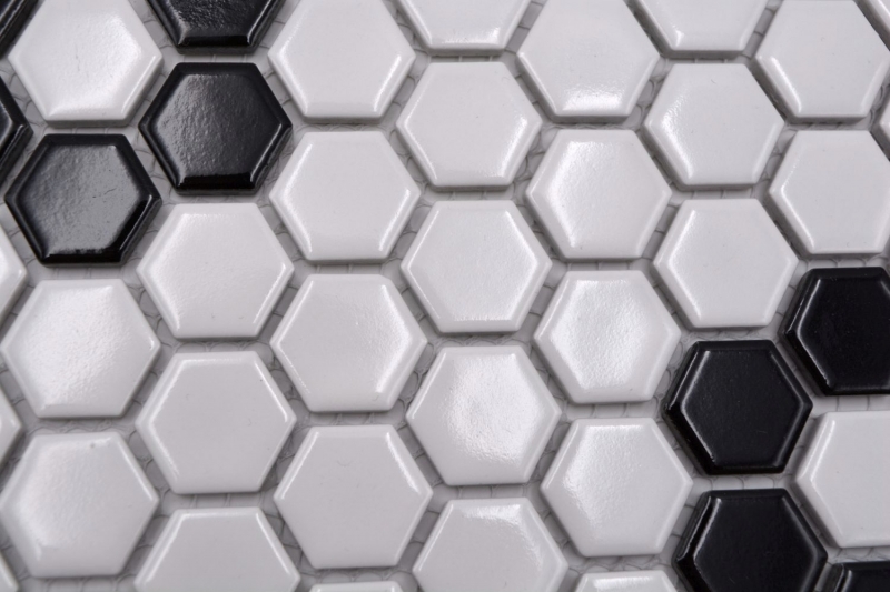 Azulejo de mosaico de cerámica mosaico hexagonal mezcla blanco negro brillante azulejo backsplash baño cocina MOS11A-0113G