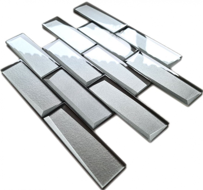 Azulejo de mosaico de vidrio Metro 3D óptica gris plata pared cocina baño MOS88-XB01