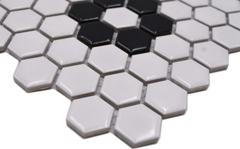 Muestra de mano mosaico azulejo cerámica mosaico hexagonal mezcla beige negro brillante azulejo backsplash baño cocina MOS11A-0113G_m