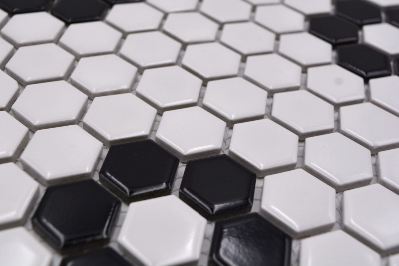 Muestra de mano mosaico azulejo cerámica mosaico hexagonal mezcla beige negro brillante azulejo backsplash baño cocina MOS11A-0113G_m