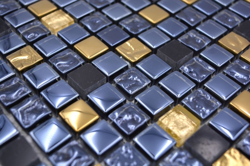 Muestra de mano mosaico azulejo vidrio piedra natural mosaico piedra EP mix negro oro baño cocina MOS92-650_m