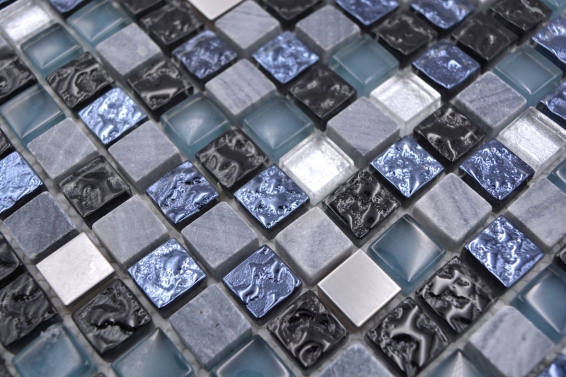 Muestra de mano mosaico azulejo vidrio piedra natural mosaico piedra acero mezcla azul gris cocina pared baño MOS92-670_m