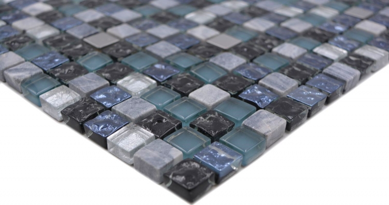 Muestra de mano mosaico azulejo vidrio piedra natural mosaico piedra acero mezcla azul gris cocina pared baño MOS92-670_m