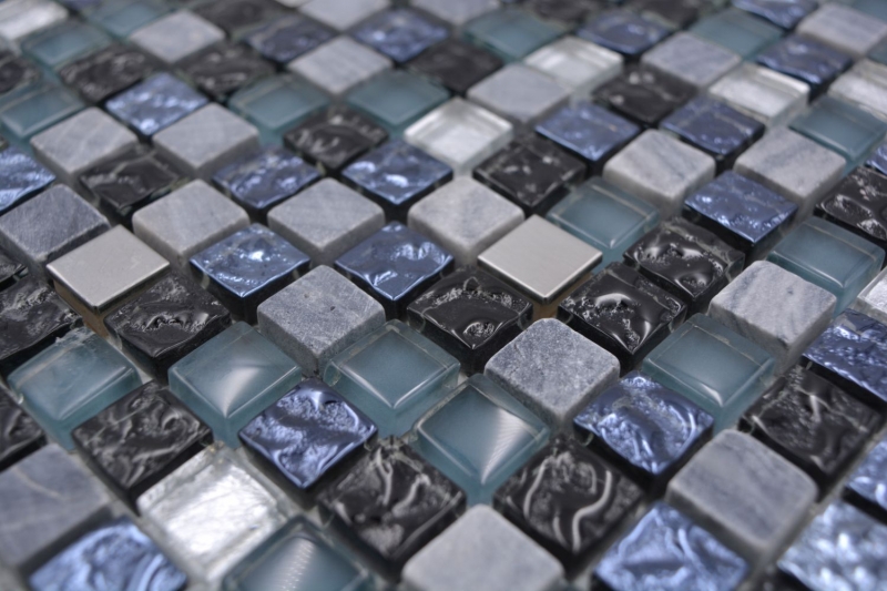 Muestra de mano mosaico azulejo vidrio piedra natural mosaico piedra acero mezcla azul gris cocina pared baño MOS92-670_m