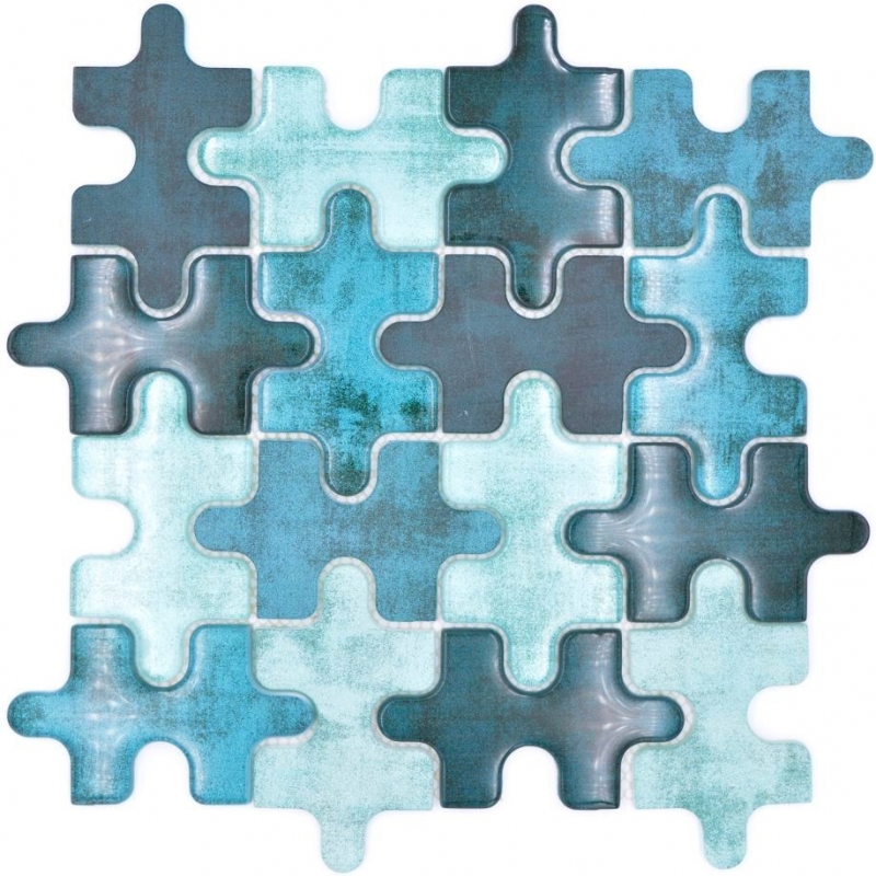 Muestra de mano mosaico azulejo vidrio mosaico combi rompecabezas mezcla azul turquesa cocina splashback baño MOS88-PT03_m