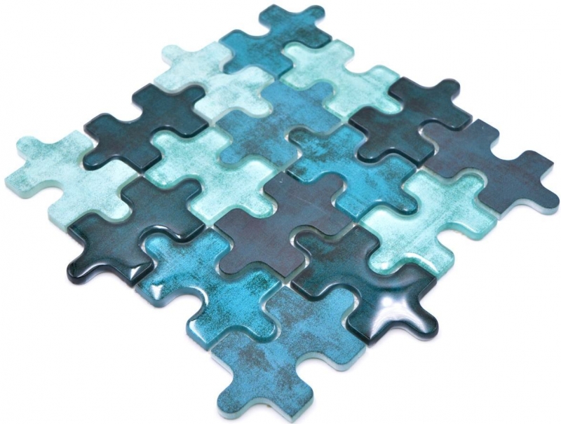 Muestra de mano mosaico azulejo vidrio mosaico combi rompecabezas mezcla azul turquesa cocina splashback baño MOS88-PT03_m