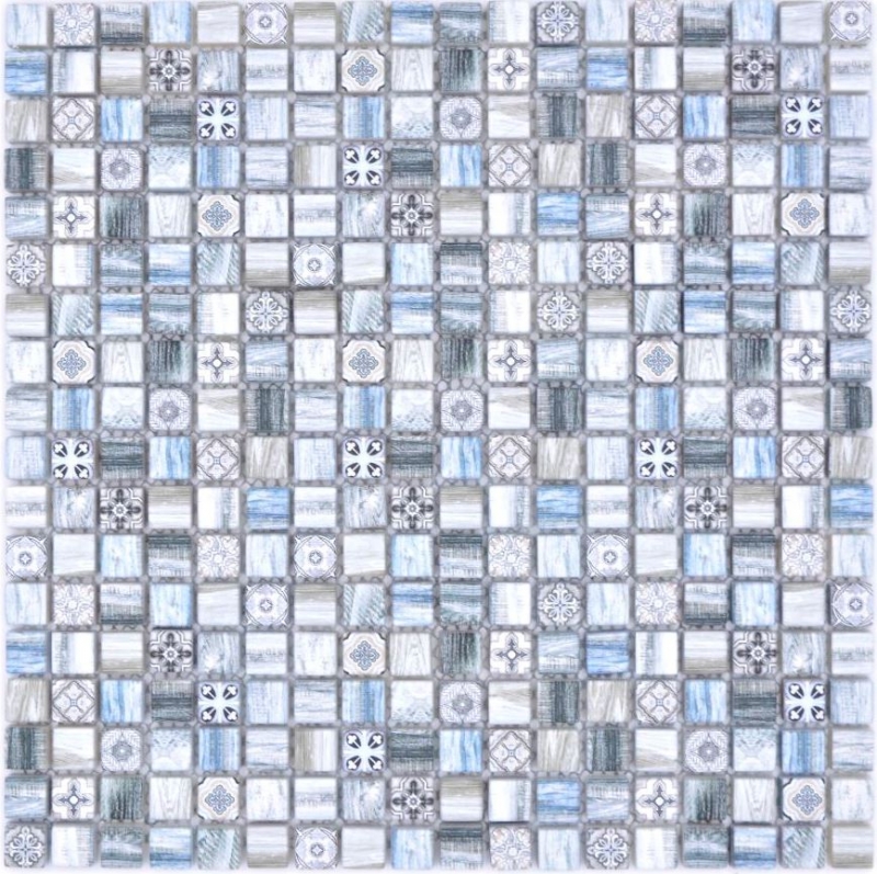 Muestra de mano mosaico azulejo vidrio mosaico combi retro madera gris azul claro azulejo espejo baño MOS78-W39_m