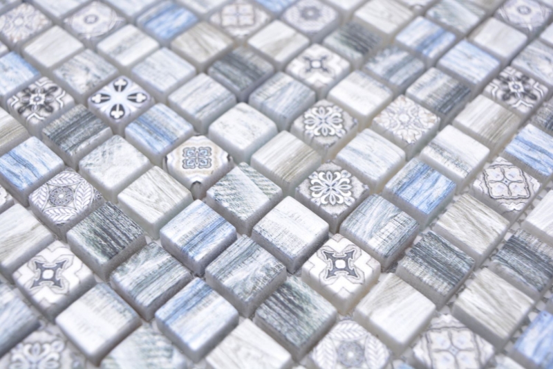 Muestra de mano mosaico azulejo vidrio mosaico combi retro madera gris azul claro azulejo espejo baño MOS78-W39_m