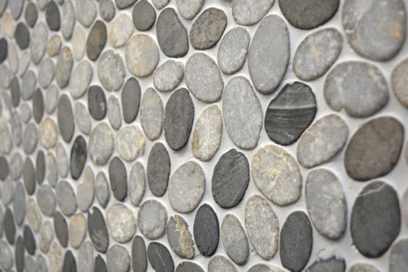 Muestra de mano mosaico azulejo piedra natural río guijarro piedra guijarro corte ceniza gris azulejo backsplash MOS30-SANI_m