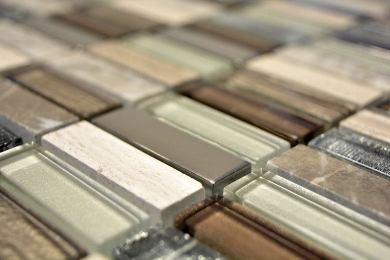 Rectángulo azulejos de mosaico de vidrio varillas de mosaico de color marrón claro gris plata piedra natural mármol azulejo backsplash pared de la cocina - MOS87-SM68_f | 10 esteras de mosaico