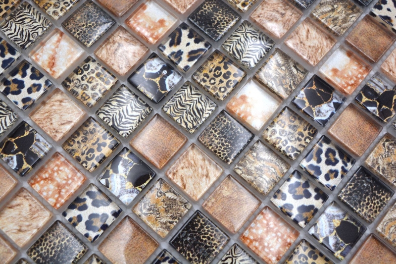 Mosaico de vidrio mosaico azulejo marrón brillante leopardo pared cocina baño ducha MOS68-WL64