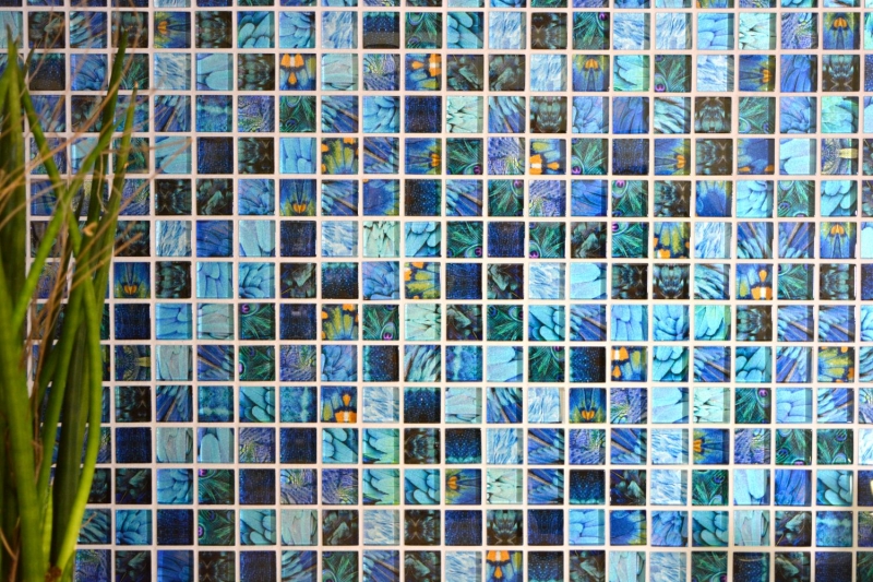 Azulejo de mosaico de vidrio azul brillante Pájaro pared cocina baño ducha MOS68-WL74