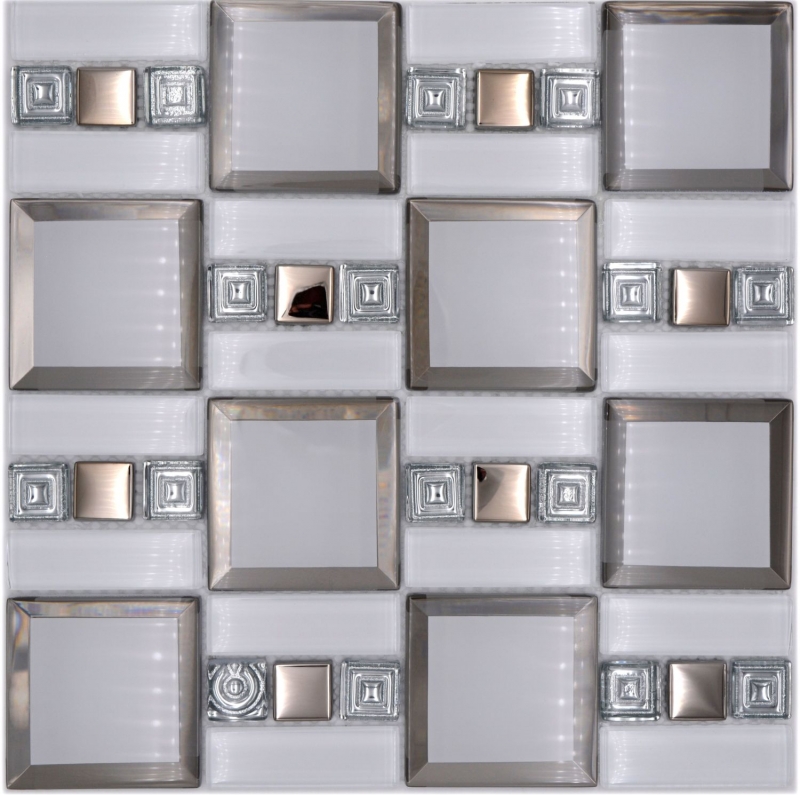 Mosaico de vidrio mosaico azulejo blanco plata brillante pared cocina baño ducha MOS88-SQ98