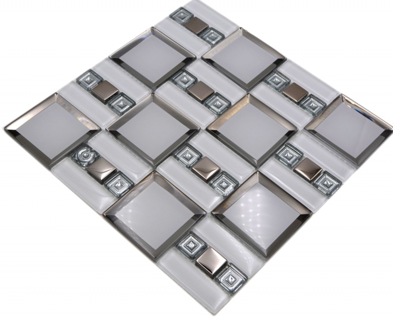 Mosaico de vidrio mosaico azulejo blanco plata brillante pared cocina baño ducha MOS88-SQ98