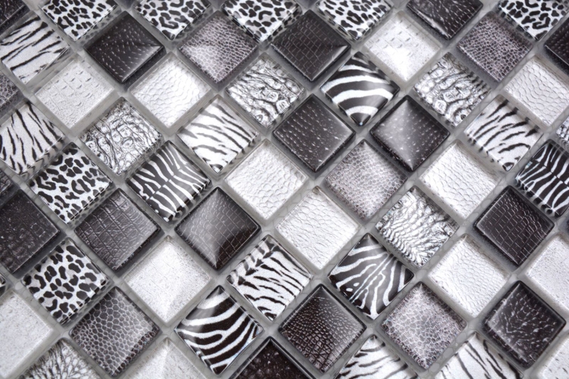 Muestra de mano mosaico de vidrio mosaico azulejo negro brillante cebra pared cocina baño ducha MOS68-WL24_m