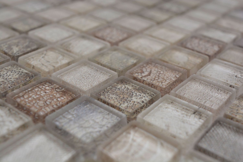 Muestra de mano mosaico de vidrio mosaico azulejo beige brillante cocodrilo estructura pared cocina baño ducha MOS68-WL34_m