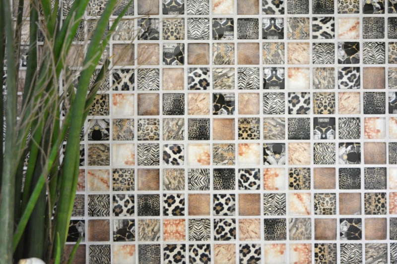 Muestra de mano mosaico de vidrio mosaico azulejo marrón brillante leopardo pared cocina baño ducha MOS68-WL64_m