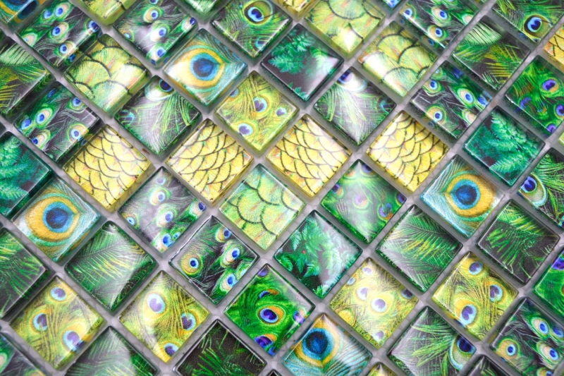 Muestra de mano mosaico de vidrio mosaico azulejo verde brillante pavo real pared cocina baño ducha MOS68-WL84_m