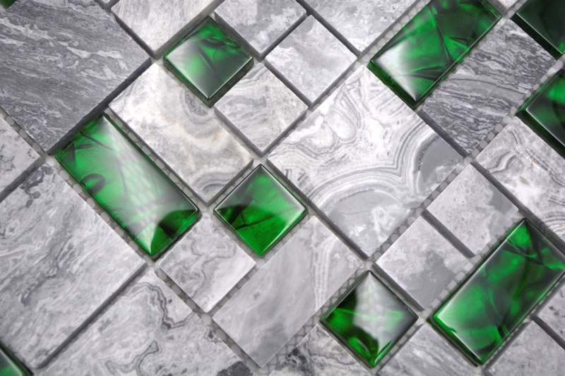 Muestra de mano piedra natural mosaico de vidrio gris con verde brillante pared suelo cocina baño ducha - MOS88-0405_m