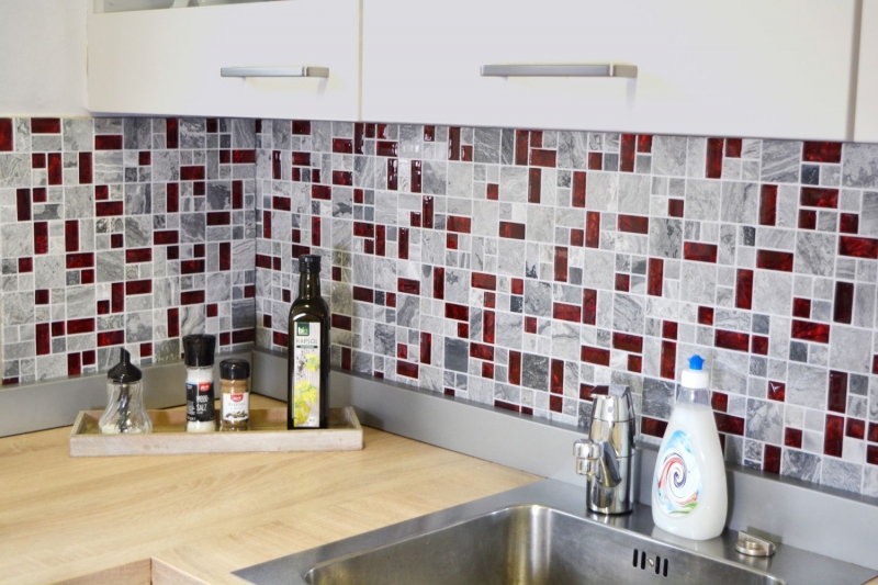 Mano patrón de piedra natural de mosaico de vidrio gris con rojo brillante piso de la pared cocina baño ducha - MOS88-0409_m