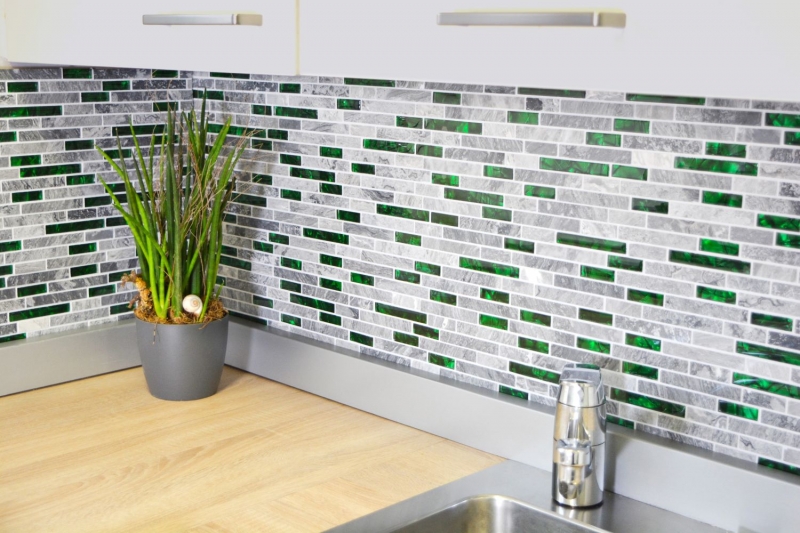 Muestra de mano piedra natural mosaico de vidrio gris con verde brillante pared cocina baño ducha - MOS87-0405_m