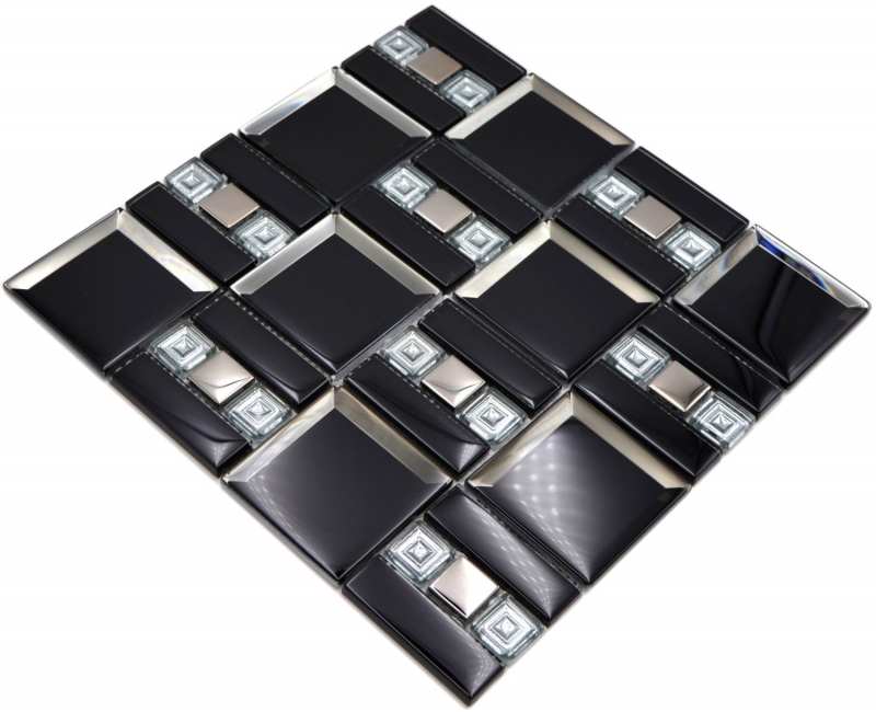 Muestra de mano mosaico de vidrio mosaico azulejo negro plata brillante pared cocina baño ducha MOS88-SQ78_m