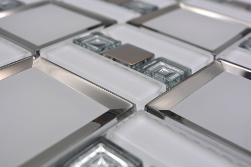 Muestra de mano mosaico de vidrio mosaico azulejo blanco plata brillante pared cocina baño ducha MOS88-SQ98_m