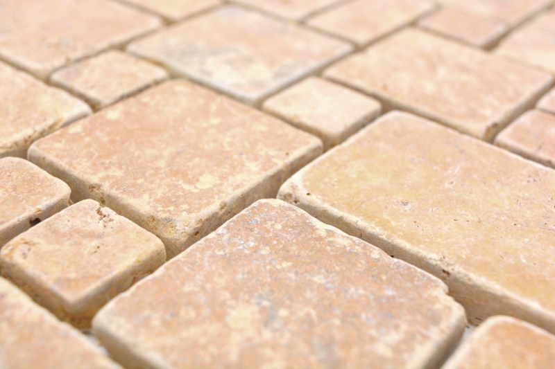 Muestra de mano azulejos de mosaico de piedra natural travertino amarillo dorado mate pared suelo cocina baño ducha MOS40-FP51_m