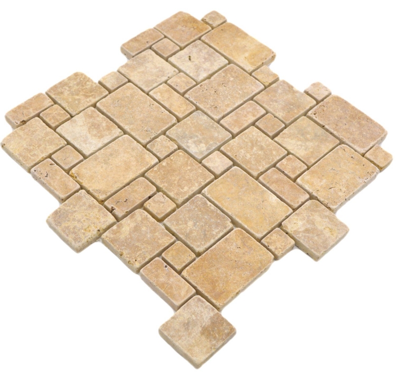 Muestra de mano azulejos de mosaico de piedra natural travertino amarillo dorado mate pared suelo cocina baño ducha MOS40-FP51_m