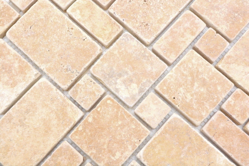 Muestra de mano azulejos de mosaico de piedra natural travertino amarillo dorado mate pared suelo cocina baño ducha MOS40-FP51_m