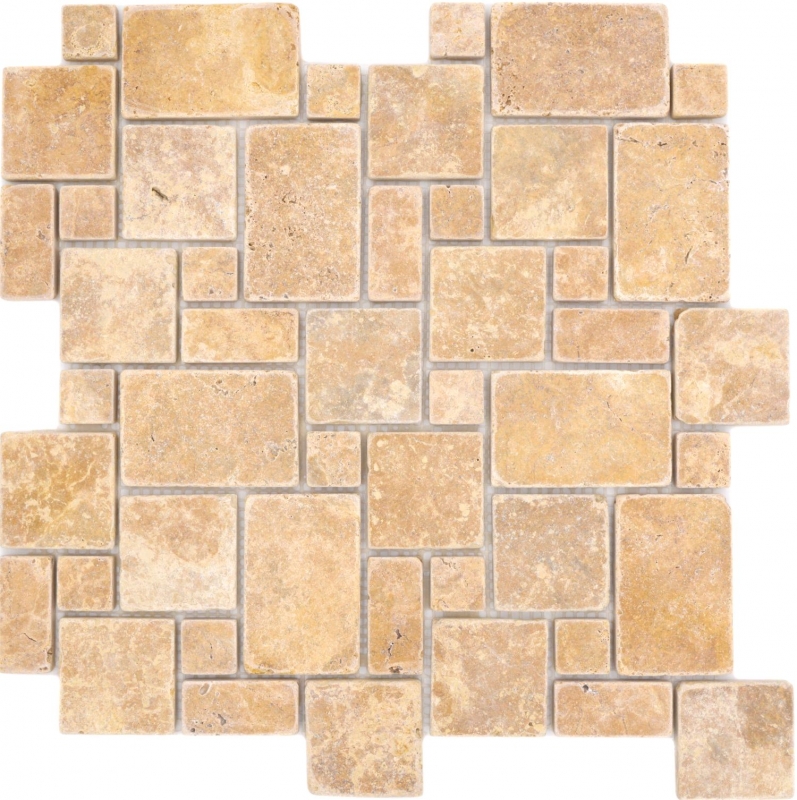 Muestra de mano azulejos de mosaico de piedra natural travertino amarillo dorado mate pared suelo cocina baño ducha MOS40-FP51_m