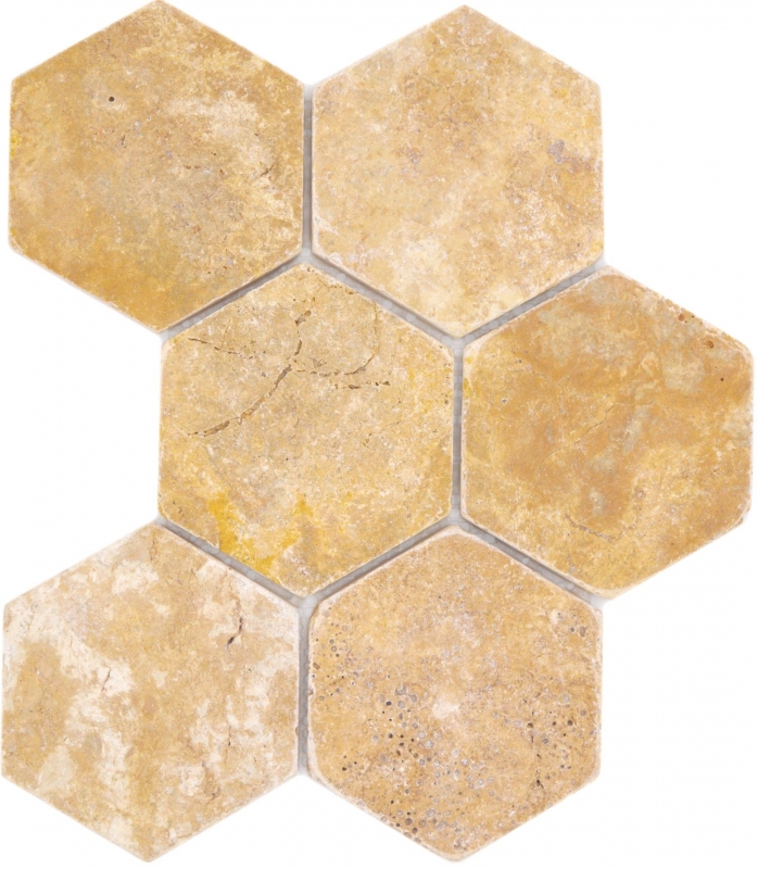 Muestra de mano azulejos de mosaico de piedra natural travertino amarillo dorado mate pared suelo cocina baño ducha MOS42-HX151_m
