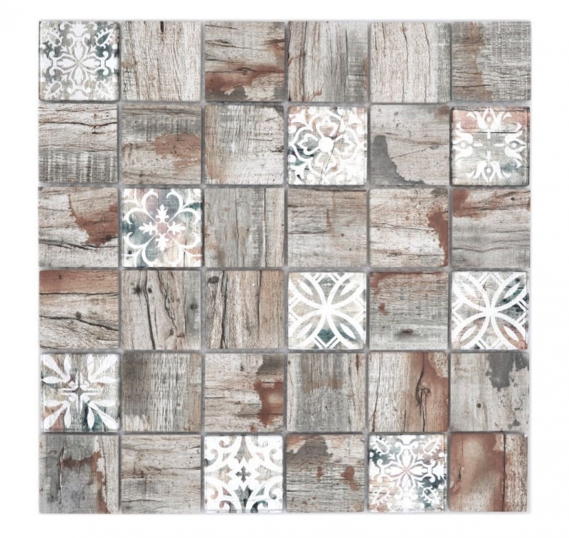 Azulejo de mosaico de vidrio Medio Vintage Patchwork beige aspecto madera adorno MOS160-W700