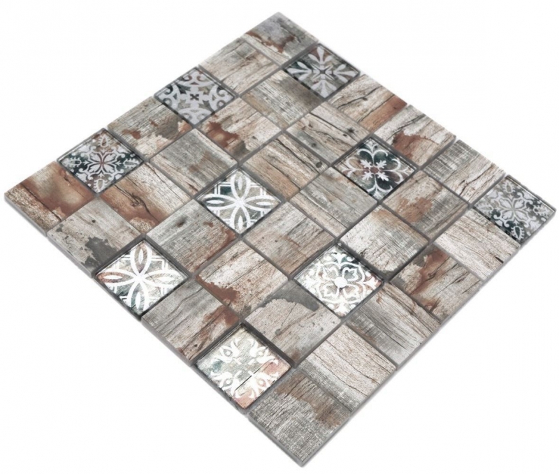 Azulejo de mosaico de vidrio Medio Vintage Patchwork beige aspecto madera adorno MOS160-W700