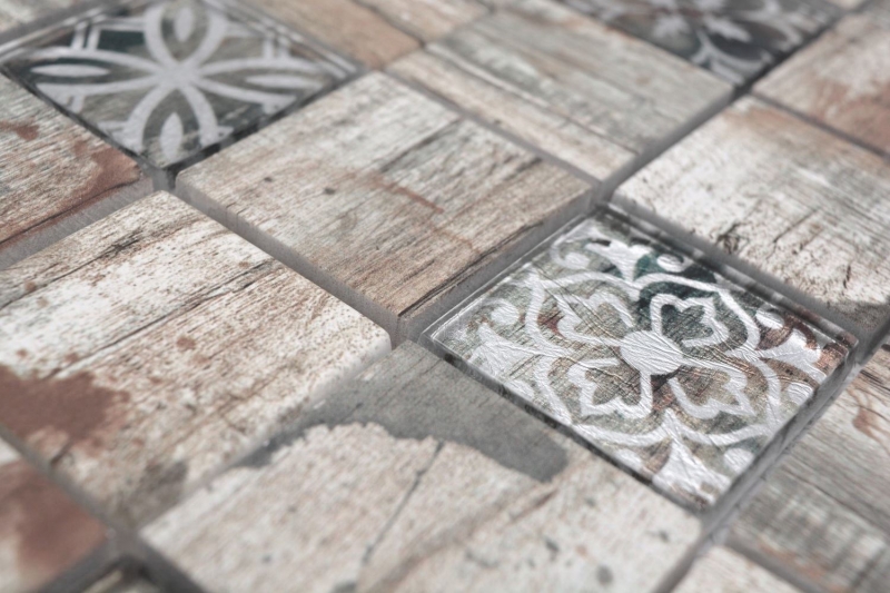 Azulejo de mosaico de vidrio Medio Vintage Patchwork beige aspecto madera adorno MOS160-W700