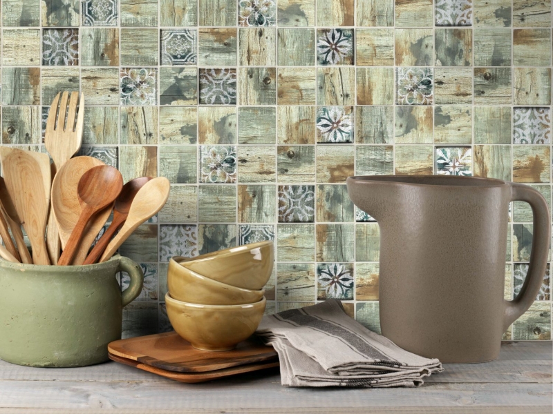 Azulejo de mosaico de vidrio Medio Vintage Patchwork beige aspecto madera adorno MOS160-W700