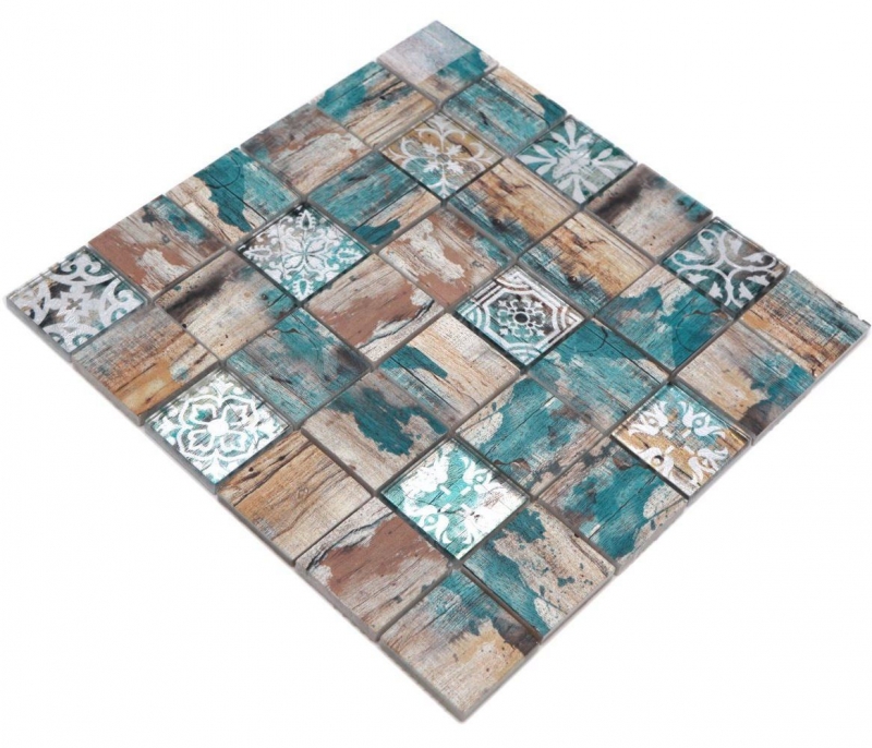 Azulejo de mosaico de vidrio Medio Vintage Patchwork beige pertrol aspecto madera ornamento MOS160-W800