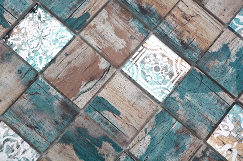 Azulejo de mosaico de vidrio Medio Vintage Patchwork beige pertrol aspecto madera ornamento MOS160-W800